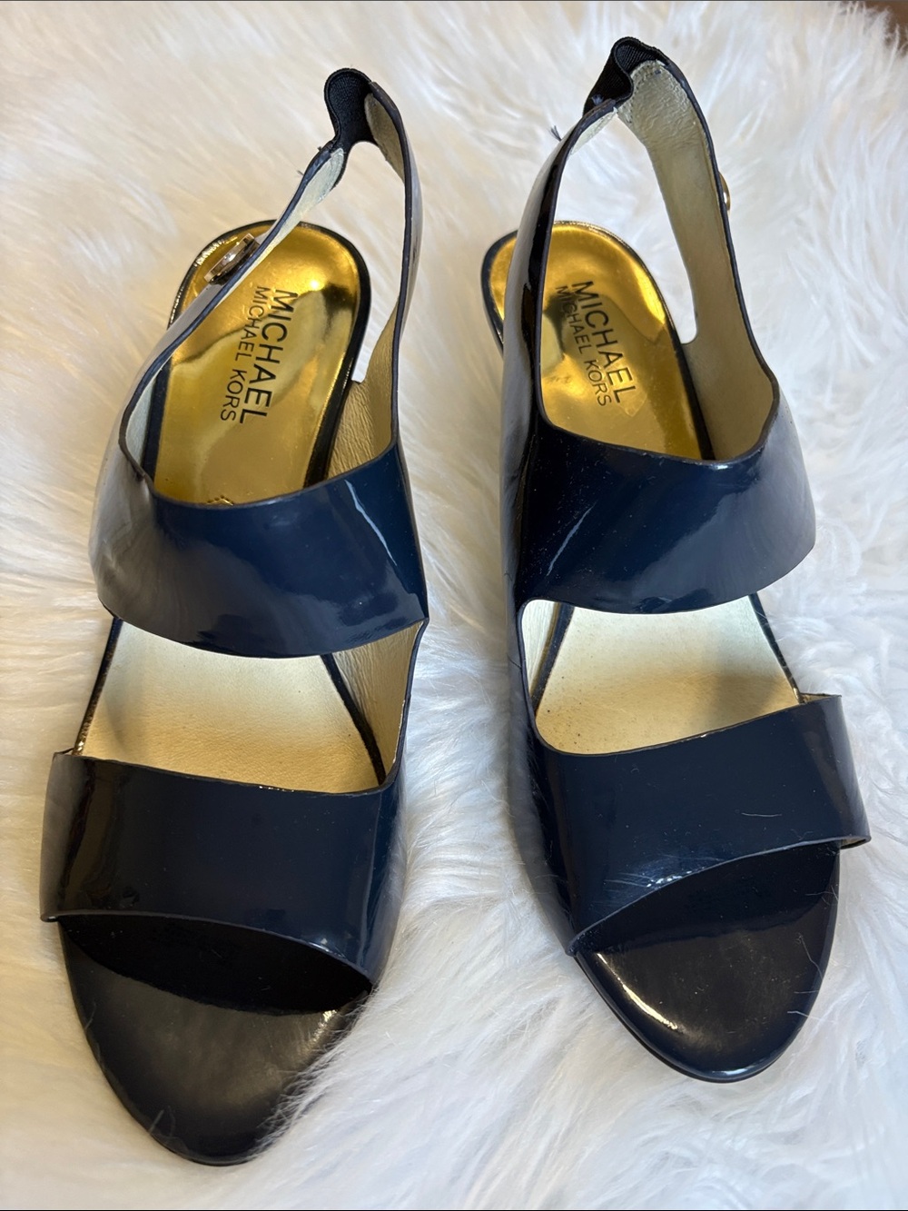 Michael Kors Navy Patent Slingback Heels with Gold Insole